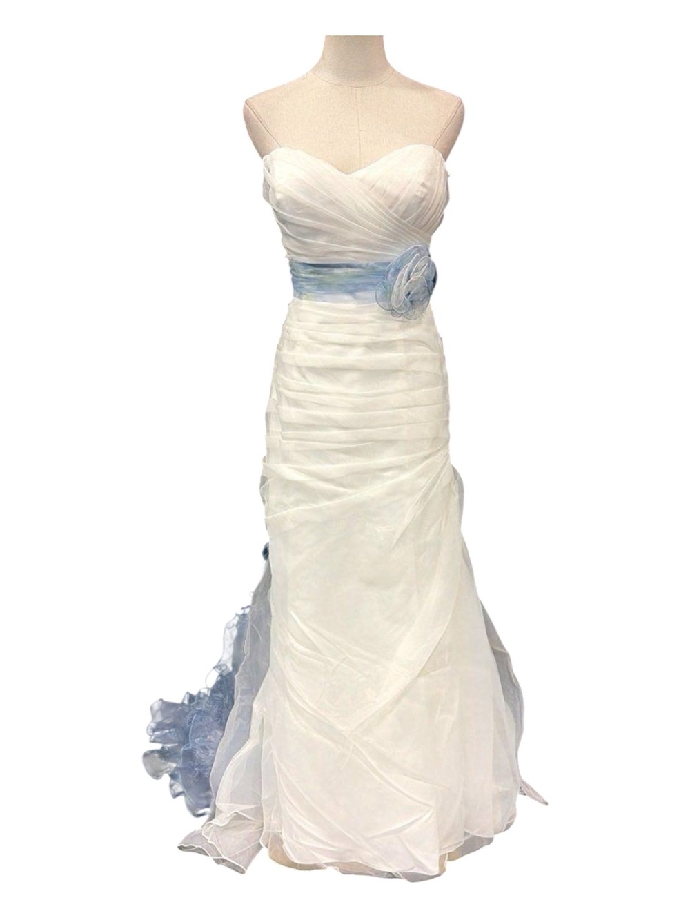 Strapless White Chiffon Evening Dress with Blue Sash
